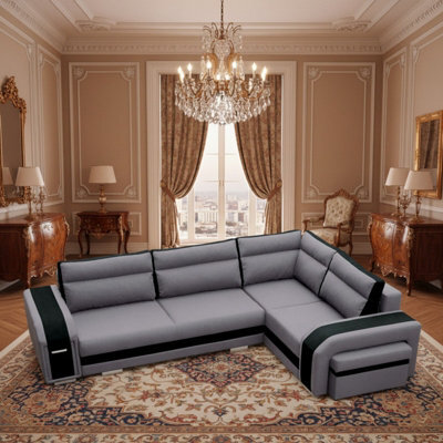 Assan Sectional Sofa With Ottoman Sleeping Function Dl Mechanism 2 Storage Bar Loose Cushions Light Grey And Black Right Side - image 1