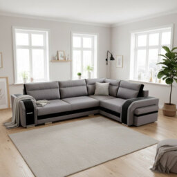 Assan Sectional Sofa With Ottoman Sleeping Function Dl Mechanism 2 Storage Bar Loose Cushions Light Grey And Black Right Side - thumbnail 2