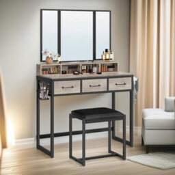 Pirlo Plush 3 Drawer Dressing Table With Mirror And Stool Greige - thumbnail 3