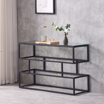 Lina Console Table Matt Black Finish With Clear Tempered Glass Top - image 1
