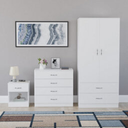 Lassic Vida Designs Riano 3 Piece Bedroom Set (1 Drawer Bedside Chest, 4 Drawer Chest, 2 Door 2 Drawer Wardrobe), White - thumbnail 7