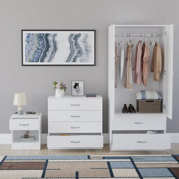 Lassic Vida Designs Riano 3 Piece Bedroom Set (1 Drawer Bedside Chest, 4 Drawer Chest, 2 Door 2 Drawer Wardrobe), White - thumbnail 2