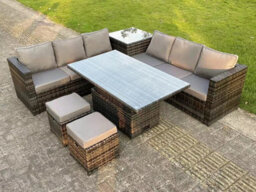 Fimous Dark Grey Mixed Pe Wicker Rattan Corner Sofa Garden Furniture Rising Adjustable Lifting  Table Sets With Footstool - thumbnail 2