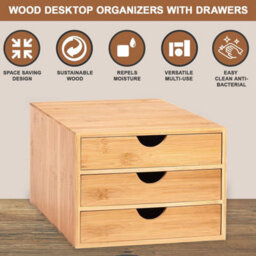 Mantraraj Bamboo Desk Top 3 Drawers Organiser Drawer Box With 3 Closed Drawers Stationary Makeup Storage Unit Cabinet - thumbnail 2