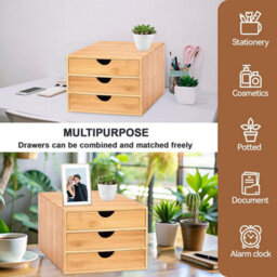 Mantraraj Bamboo Desk Top 3 Drawers Organiser Drawer Box With 3 Closed Drawers Stationary Makeup Storage Unit Cabinet - thumbnail 4