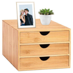 Mantraraj Bamboo Desk Top 3 Drawers Organiser Drawer Box With 3 Closed Drawers Stationary Makeup Storage Unit Cabinet - thumbnail 1