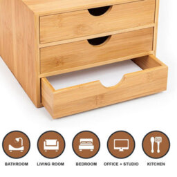 Mantraraj Bamboo Desk Top 3 Drawers Organiser Drawer Box With 3 Closed Drawers Stationary Makeup Storage Unit Cabinet - thumbnail 6