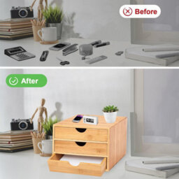 Mantraraj Bamboo Desk Top 3 Drawers Organiser Drawer Box With 3 Closed Drawers Stationary Makeup Storage Unit Cabinet - thumbnail 5