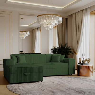 Santos L Corner Sofa Bed For Living Room Chipboard Frame Polyurethane Foam Wave Springs 253X166X79 Cm Green Left - image 1