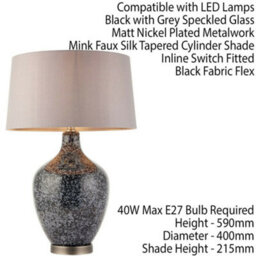 Classic Style Table Lamp Light Black & Grey Speckled Glass & Mink Silk Shade - thumbnail 2