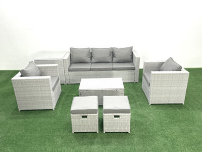 Fimous 7 Seater Rattan Garden Furniture Set 3 Seater Sofa 2 Chair Rectangular Coffee Table 2 Small Stools Side Table - image 1