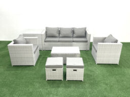Fimous 7 Seater Rattan Garden Furniture Set 3 Seater Sofa 2 Chair Rectangular Coffee Table 2 Small Stools Side Table - thumbnail 2