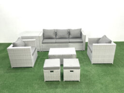 Fimous 7 Seater Rattan Garden Furniture Set 3 Seater Sofa 2 Chair Rectangular Coffee Table 2 Small Stools Side Table - thumbnail 1