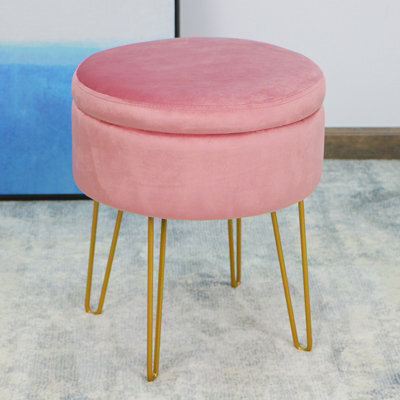IHIDirect Pink Velvet Plush Round 38X45Cms Storage Side Stool Box Ottoman Gold Metallic Legs - image 1