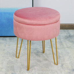 IHIDirect Pink Velvet Plush Round 38X45Cms Storage Side Stool Box Ottoman Gold Metallic Legs - thumbnail 1