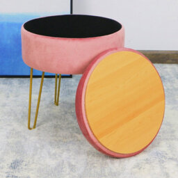 IHIDirect Pink Velvet Plush Round 38X45Cms Storage Side Stool Box Ottoman Gold Metallic Legs - thumbnail 4