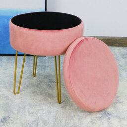 IHIDirect Pink Velvet Plush Round 38X45Cms Storage Side Stool Box Ottoman Gold Metallic Legs - thumbnail 3