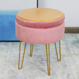 IHIDirect Pink Velvet Plush Round 38X45Cms Storage Side Stool Box Ottoman Gold Metallic Legs - thumbnail 2