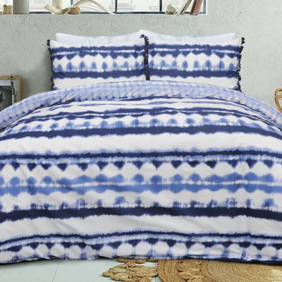 Smart Living Luxury Reversible Polycotton Easy Care Bedding Quilt Cover, Textured Duvet Cover Set, Bed Covers - Tiedye Tassel Trim - image 1