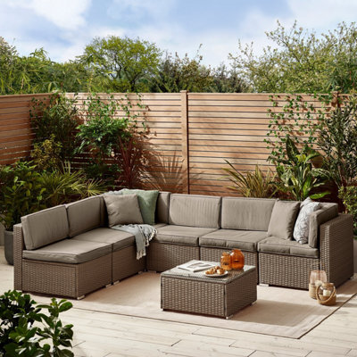 Furniturebox Orlando, Brown Rattan Garden Sofa Modular Outdoor Patio Couch Seating, Table & 6 Chairs Garden Corner Sofa Set +Cover - image 1