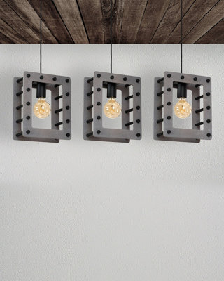 Milagro Theo Black And Grey Pendant Lamp 3Xe27 Hand Made Unique Industrial Style Formed From Matt Black Metal And Cool Grey Wood - image 1