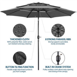Yaheetech Grey 3.2M 3 Tier Tiltable Patio Parasol Vented Table Umbrella With Crank - thumbnail 6
