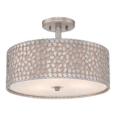 Elegant 3 Bulb Semi-Flush Light With Off White Linen Shade And Silver Finish