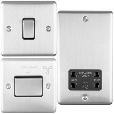 Satin Steel Bathroom Switch Set -1 Light - 1 Fan Isolator - 1 Twin Shaver Socket - image 1