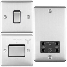Satin Steel Bathroom Switch Set -1 Light - 1 Fan Isolator - 1 Twin Shaver Socket - thumbnail 1