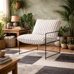 Wyld Haus Drogheda Chalk Stripe Armchair, Matt Black Metal Frame, White Twill - thumbnail 1