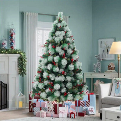 Living And Home 5.9 Ft Flocked Artificial Christmas Tree Natural Looking Xmas Tree With Pine Cones Berries Decoration - image 1