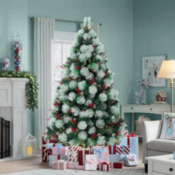 Living And Home 5.9 Ft Flocked Artificial Christmas Tree Natural Looking Xmas Tree With Pine Cones Berries Decoration