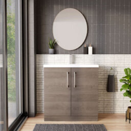 Balterley Contemporary Bathroom Floor Standing 2-Door Vanity Unit & Mid-Edge Ceramic Basin, Solace Oak, 800 mm - thumbnail 2