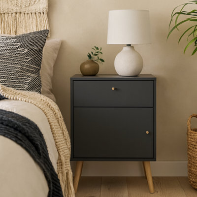 Wyld Haus Quietbloom Dark Grey Wooden Bedside Table, 1 Door, 1 Drawer, Solid Oak Legs - image 1