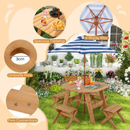 Costway Wooden Octagon Table Set Kids Picnic Table & 4 Chairs W/ Umbrella - thumbnail 7