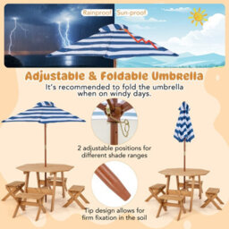 Costway Wooden Octagon Table Set Kids Picnic Table & 4 Chairs W/ Umbrella - thumbnail 4
