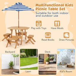 Costway Wooden Octagon Table Set Kids Picnic Table & 4 Chairs W/ Umbrella - thumbnail 8