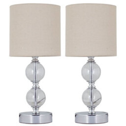 First Choice Lighting Set Of 2 Chrome Two Ball Table Lamps With Natural Linen Shades - thumbnail 1