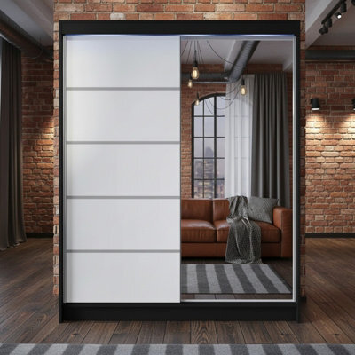 Sliding Door Wardrobe Camino 3 With Mirror And Rgb Led Lights Black White - image 1