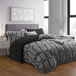 Ameha Print Duvet Cover Matching Pillowcase  2 Piece Set Black & Grey Wave Design Single Size (135X200Cm) - thumbnail 4