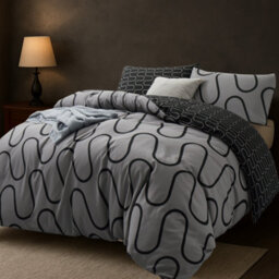 Ameha Print Duvet Cover Matching Pillowcase  2 Piece Set Black & Grey Wave Design Single Size (135X200Cm) - thumbnail 6