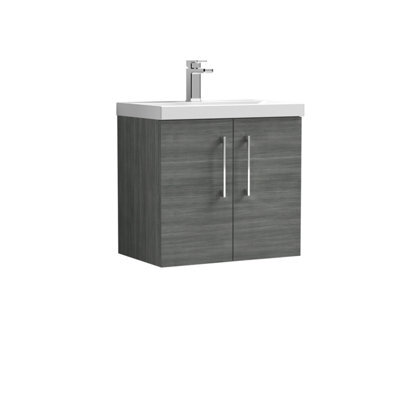 Balterley Contemporary Bathroom Wall Hung 2 Soft-Close Door Vanity Unit & Mid-Edge Ceramic Basin, Anthracite Woodgrain, 600 mm - image 1
