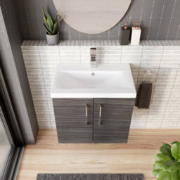 Balterley Contemporary Bathroom Wall Hung 2 Soft-Close Door Vanity Unit & Mid-Edge Ceramic Basin, Anthracite Woodgrain, 600 mm - thumbnail 3