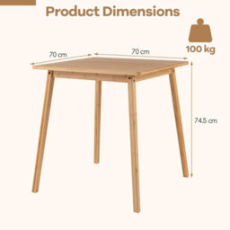 Gainoom Square Bamboo Dining Table For 2-4 People 70 Cm Solid Wood Kitchen Table Mid-Century Modern Writing Desk - thumbnail 2