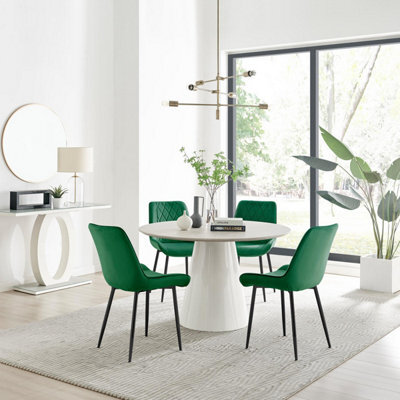Furniturebox Uk Palma Beige Stone Effect Round Dining Table & 4 Green Pesaro Black Leg Chairs - image 1