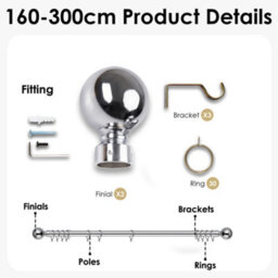 Oxford Homeware Satin Chrome Effect Extendable Curtain Pole With Metal Ball Finials, (L)1600mm-3000mm (Dia) 28mm - thumbnail 4