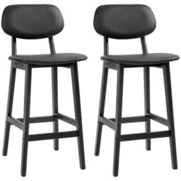 Homcom Breakfast Bar Stools Set Of 2 With Pu Leather Cover, Wood Legs, Black - thumbnail 2