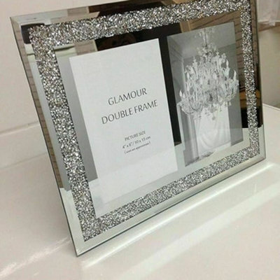 Biznest Crushed Crystals Photo Frame Silver Mirrored Crushed Jewel Crystal Diamante Picture Frame (Double Picture Frame)