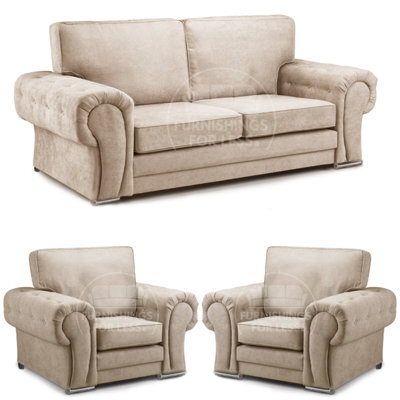 Furnishings For Less UK Milan Fabric 3 Piece Sofa Suite Mink Full Back 3 Seater And 2 Matching Armchairs -  3 1 1 - image 1