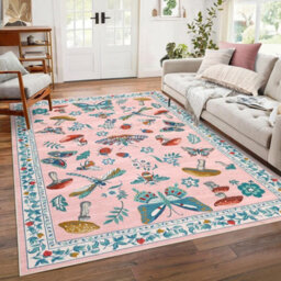 London Boutique 200X290Cm Mushroom Butterfly Area Rug, Washable Non-Slip Low Pile Carpet For Nursery, Bedroom, Living Room, Pink - thumbnail 1